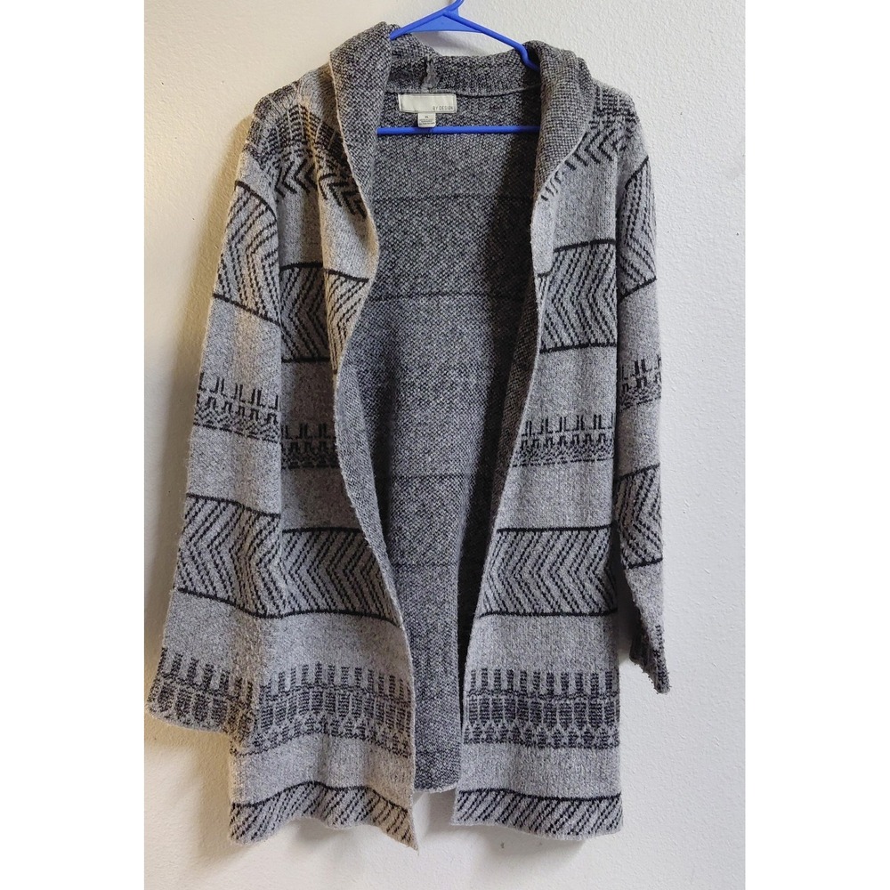 By Design Women's XL Gray Black Hooded Open Front Long Cardigan Geometric Knit